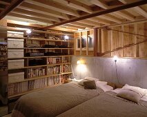 A wood panelled bedroom in the basement
