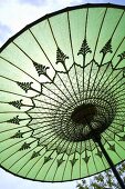 Gespannter Sonnenschirm in Grün mit asiatischem Muster