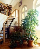 Hoher Altbau mit Pflanzen und antiken Möbeln zwischen Rundbogenfenstern und Treppe zu Bibliothek im Mezzaningeschoss