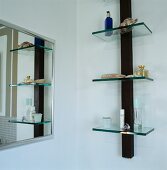 Wandregal mit Glasböden neben gerahmtem Spiegel in modernem Badezimmer