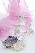 Quartz crystals, amethyst and apothecary bottles