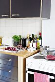 Utensils and ingredients on a work surface in a student kitchen