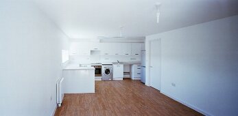 Open kitchen in a minimalist, white room with wood flooring