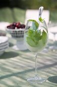 Drink with mint leaves in wine glass on table in pattern of light and shade