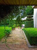 Brick-paved garden path with planters and topiary hedges in front of house