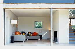 View into living room through open sliding terrace doors