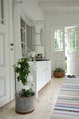 Potted plant next to white sideboard in loggia of white wooden house