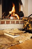 Book lying on animal skin rug in front of open fire