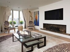 Art Deco coffee table in front of open fireplace
