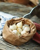 Garlic bulbs for planting in a paper bag