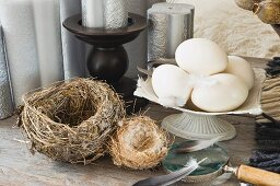 Still-life of various birds' nests and hens' eggs in front of silver ornamental candles