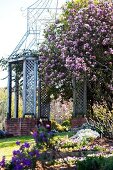 Pavillon und blühender Magnolienbaum in einem Garten