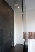 Shower with grey wall tiles and glass screen in designer bathroom