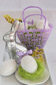 Tin Easter bunny mould and ceramic eggs