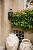 Detail of two large flower pots with ivy.