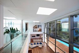 Catwalk in modern home with floor to ceiling windows