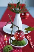 Weihnachtliche Tischdeko - Dekorierter Apfel auf Moos in Schale vor weisser Porzellanvase mit Blumenzweigen