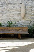 Rustic bench made from hollowed-out tree trunk against stone wall on sunny terrace