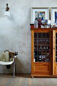 Display cabinet used as bar with bar equipment on top against patchy wall; cat on chair ready to jump