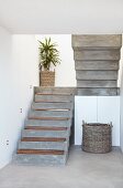 Beton Treppe mit Holz Trittstufen und Palme im Topf auf Treppenpodest