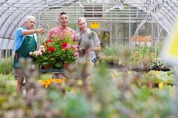 Senior gardener serving mature man and mid adult woman in garden centre