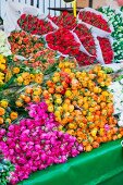 Bouquets of ranunculus & tulips on flower market (Netherlands)