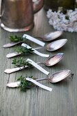 Silver spoons with name tags and sprigs of myrtle on wooden surface