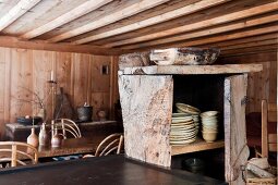Rustic wooden cupboard in wooden cabin