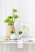 Various vases of chrysanthemums, sweet William, carnations and viburnum; bent wire spelling 'Green' on wall