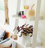 Potted plant and writing utensils on white, ladder-style shelves
