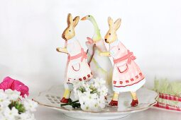 Easter arrangement of rabbit & goose figurines