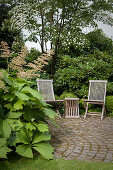 Garden chairs and wooden table on cobbled area