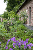 Landscaped garden outside brick house