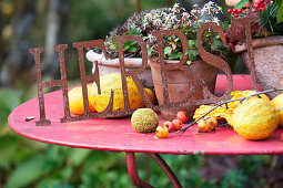 Sign made from wrought iron, rusty letters and yellow ornamental squashes on red garden table
