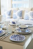 Table set with blue and white crockery