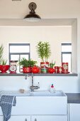 Detail of kitchen counter with ceramic double sink and collection of red jugs and storage jars on serving hatch wall