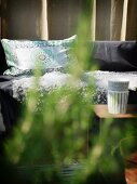 Blick durch Pflanzenzweige auf Sitzbank mit gemustertem Kissen