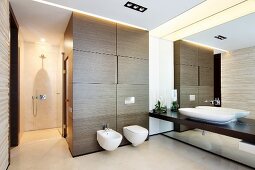 Designer bathroom with continuous washstand counter on mirrored wall, toilet and bidet on wood-clad sauna element and walk-in shower