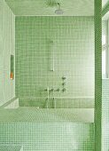 Badezimmer mit grünen Mosaikfliesen an Wand, Decke und Einbauten