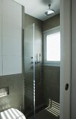 Floor-level shower with window and glass partition in contemporary bathroom