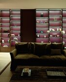 Dark wood shelving with purple back wall and illuminated compartments