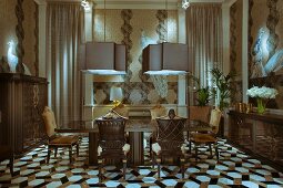 Antique chairs around table below pendant lamps in elegant interior; geometric tiled floor