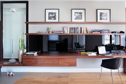 Elegant, custom, multifunctional unit made from exotic wood and black glossy elements - sideboard with desk and full-length mirror
