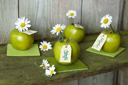 Green apples decorated with ox-eye daisies and name tags on felt coasters