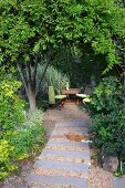 Tisch & Stühle auf lauschigem Gartenplatz unter Bäumen davor Gartenweg aus alten Eisenbahnschwellen
