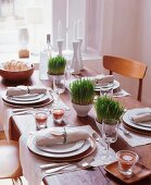 Simple wooden dining table with place settings, potted grasses and linen napkins