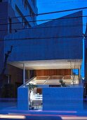 Outside view of Japanese, architect-designer house at twilight