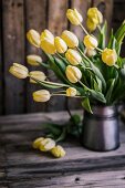 Yellow tulips on wooden surface