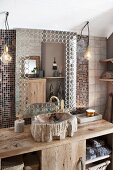 Rustic washstand with mosaic tiles and sink made from petrified wood