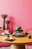 Round wooden table in front of pink wall with cactus and succulents as decoration